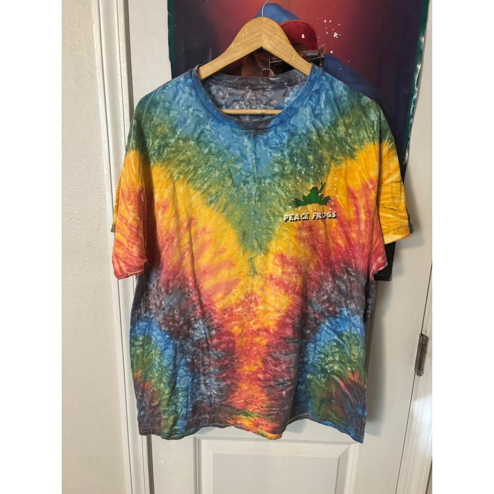 Peace Frogs Tie Dye Graphic T-Shirt Mens Large Outer Banks NC Sun Moon Rainbow